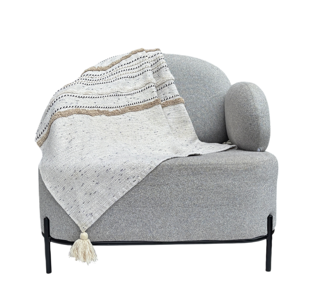 White throw with yellow and blue patterns