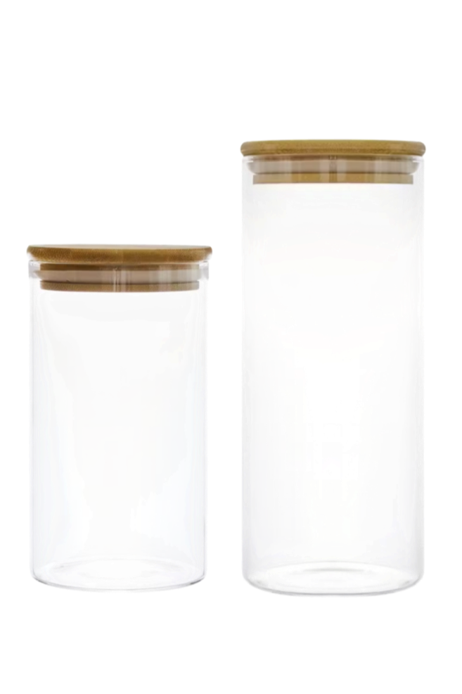 Transparent glass containers with wood cover
