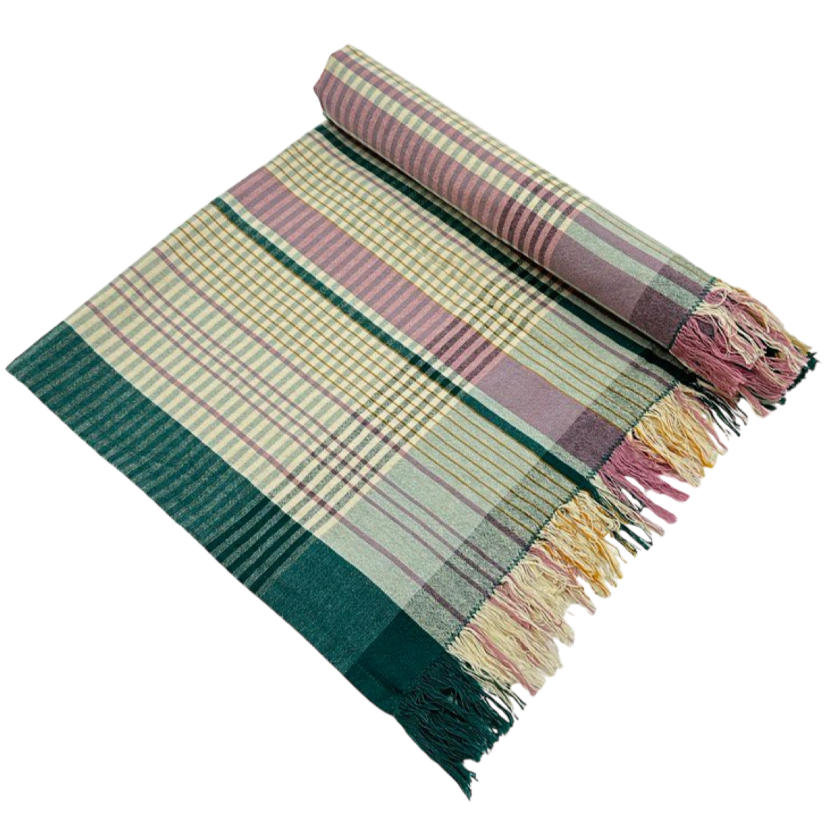 Dark green, pink and beige tablecloth