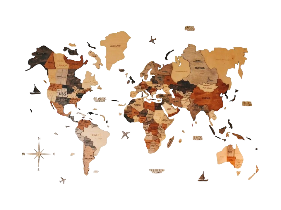 3D wooden world map