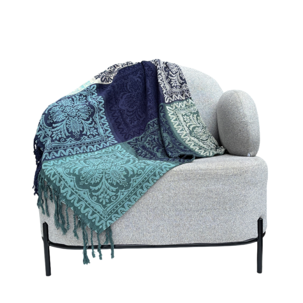 Dark green, blue and beige patterned throw