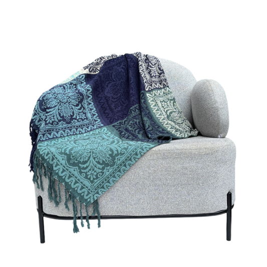 Dark green, blue and beige patterned throw