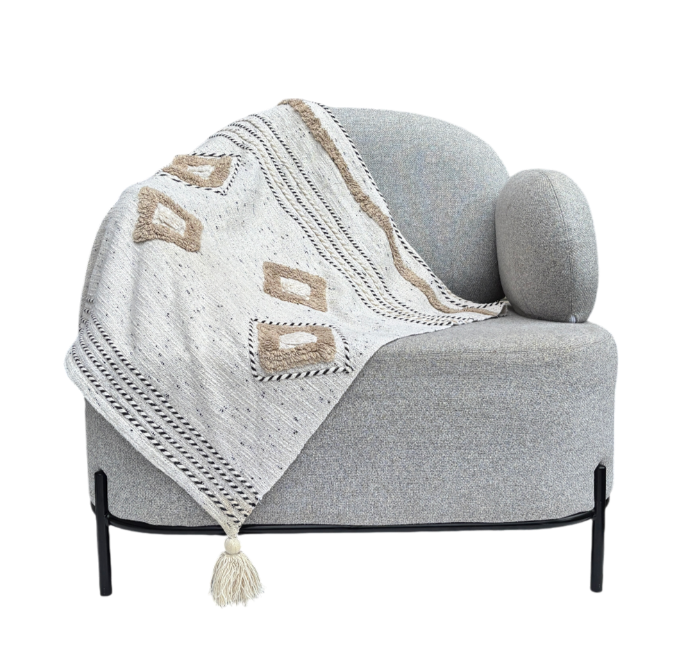 White throw with yellow and blue patterns