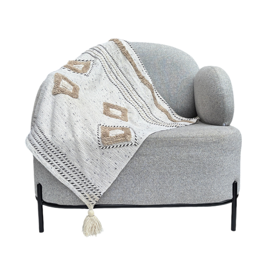 White throw with yellow and blue patterns