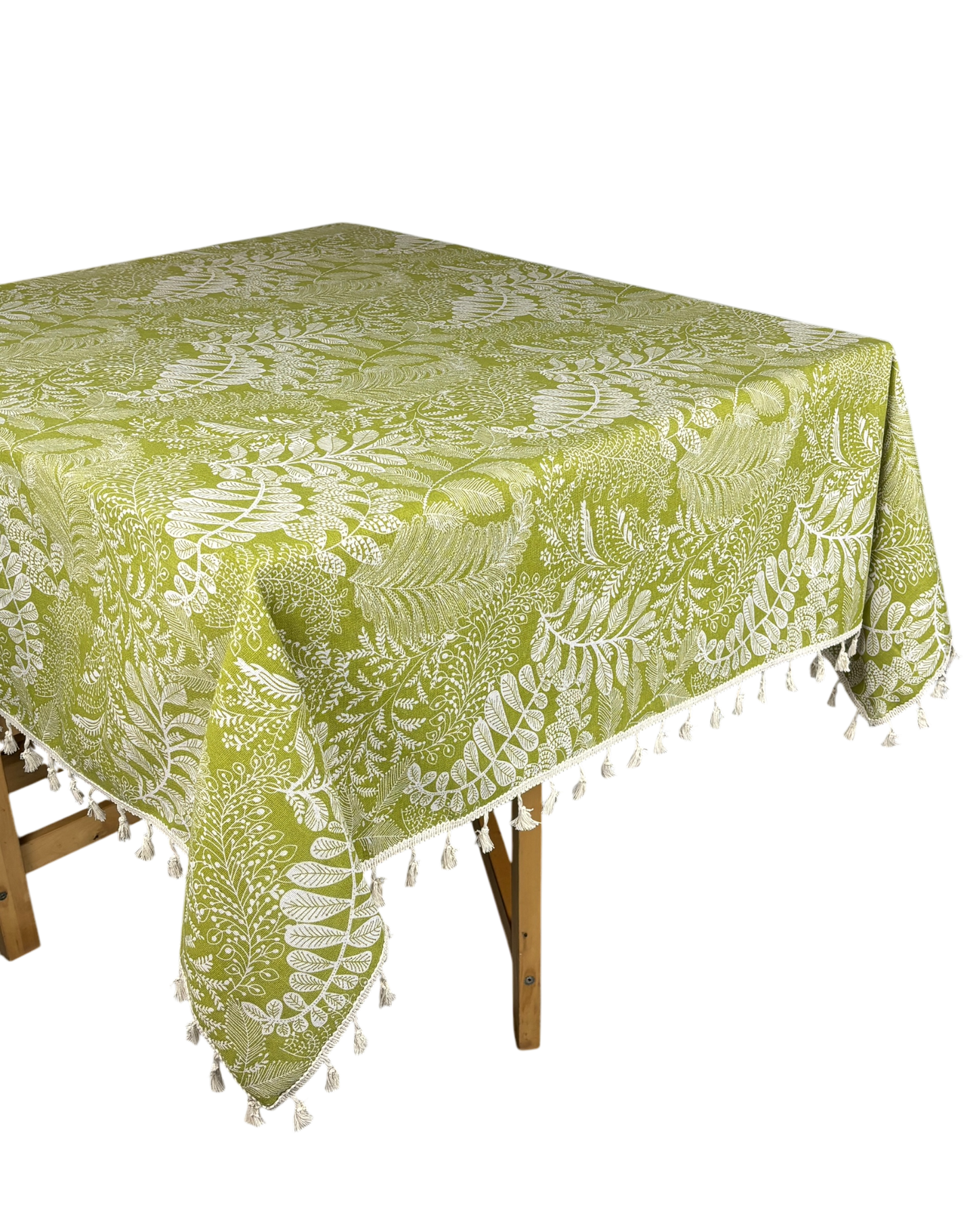 Green table cloth with white leaves