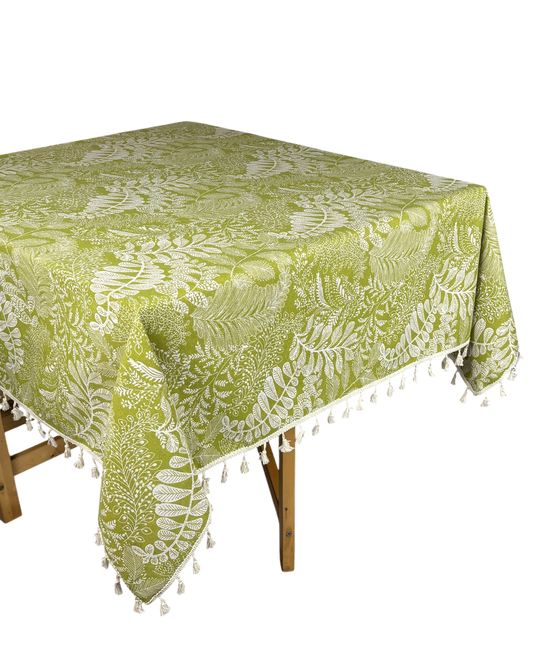 Green table cloth with white leaves