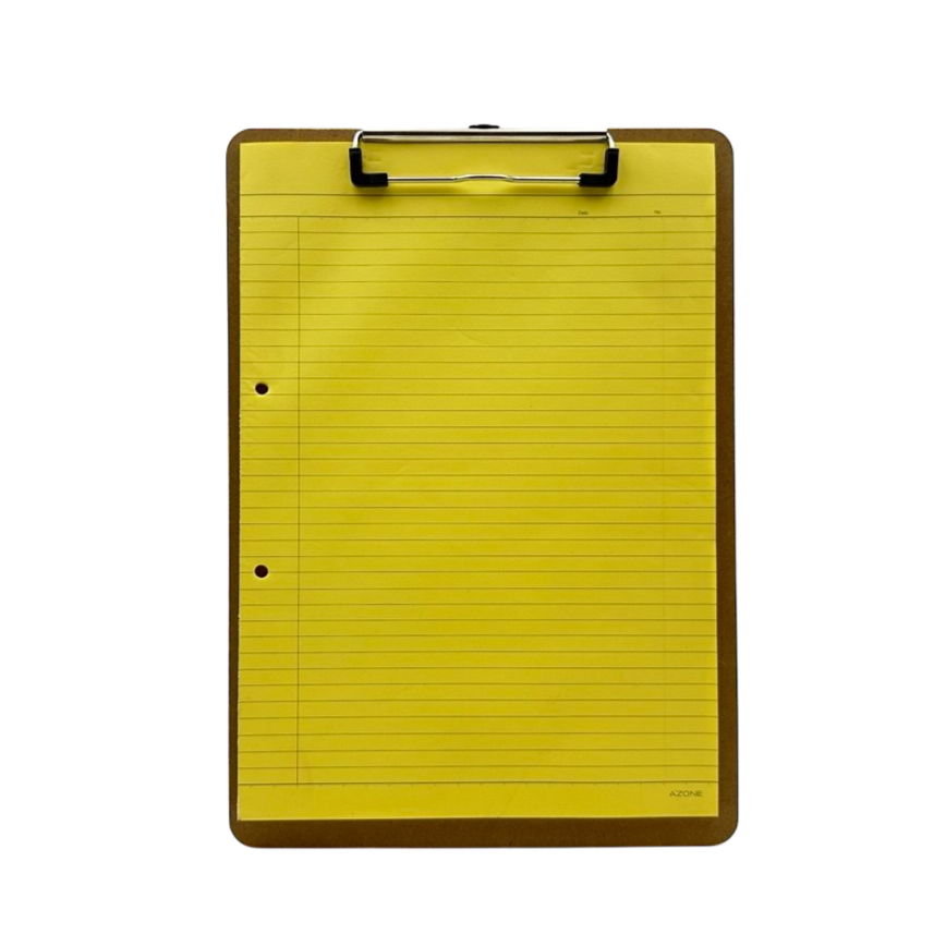 Yellow foolscap with brown clipboard