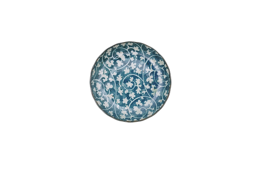 Blue porcelain dish with white flower