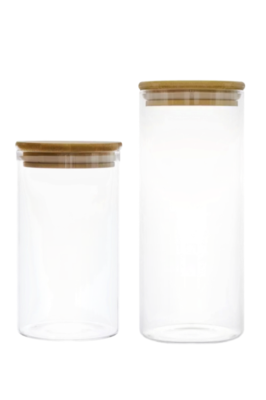 Transparent glass containers with wood cover