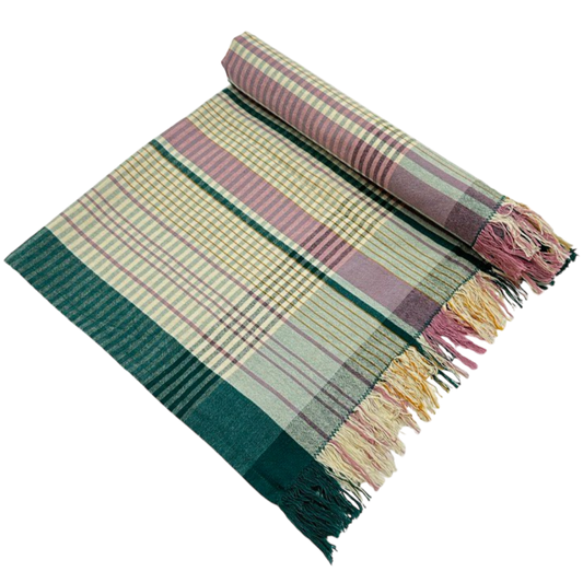 Dark green, pink and beige tablecloth