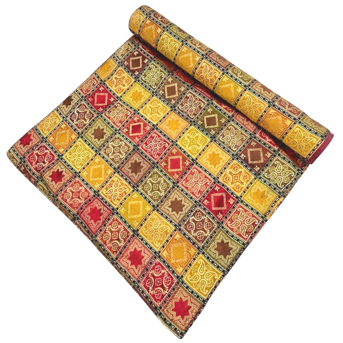 Red, gold and brown checkered tablecloth