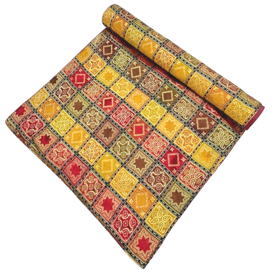 Red, gold and brown checkered tablecloth