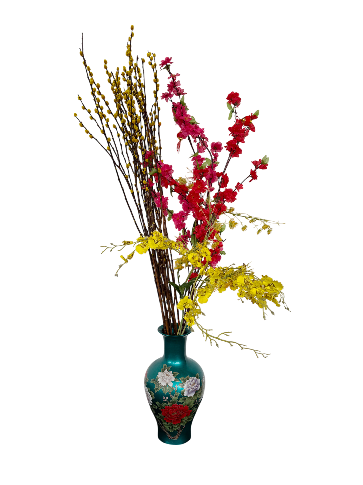 CNY florals in blue vase - pussy willows, orchids and cherry blossoms