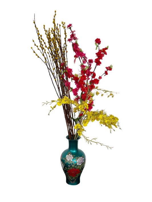 CNY florals in blue vase - pussy willows, orchids and cherry blossoms
