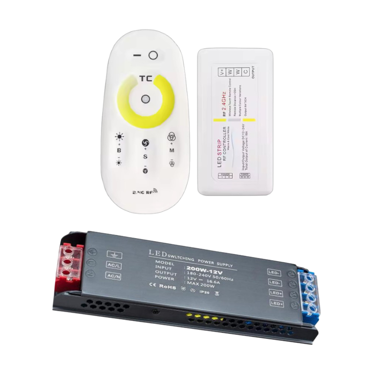 For LEDs: Transformer + remote & reciever set