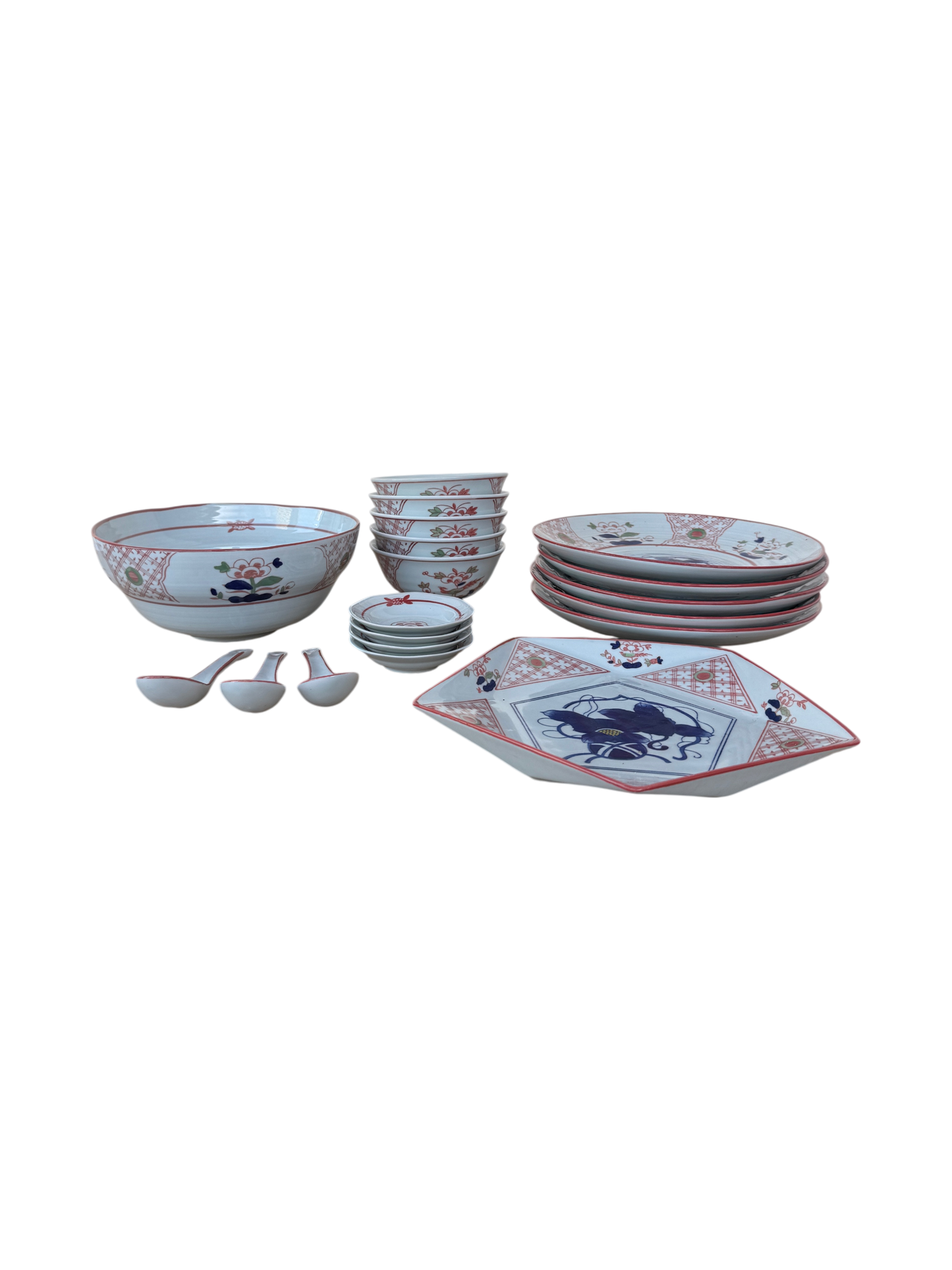 Chinese set of bowls, plates, spoon and sauce dishes