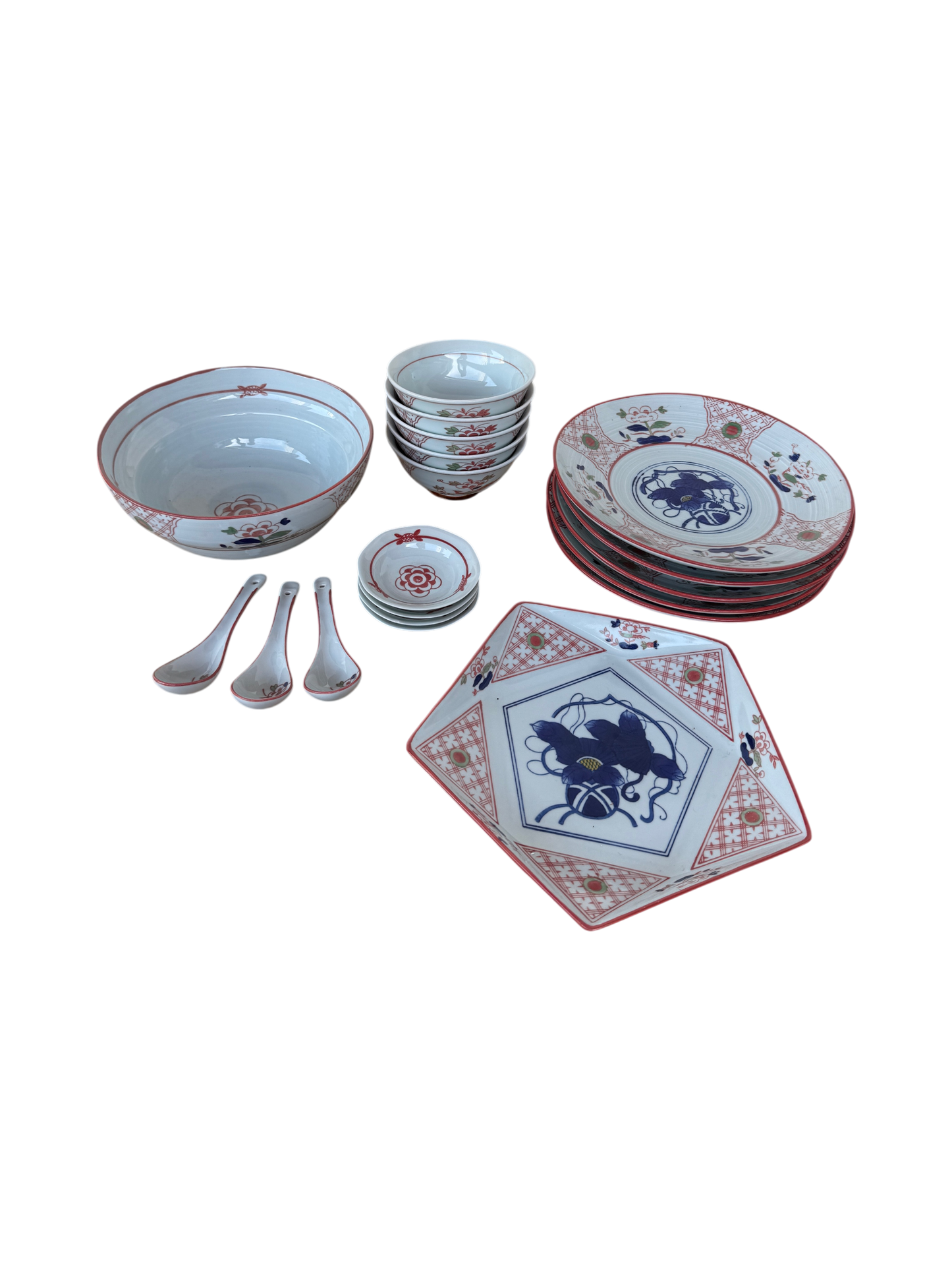 Chinese set of bowls, plates, spoon and sauce dishes