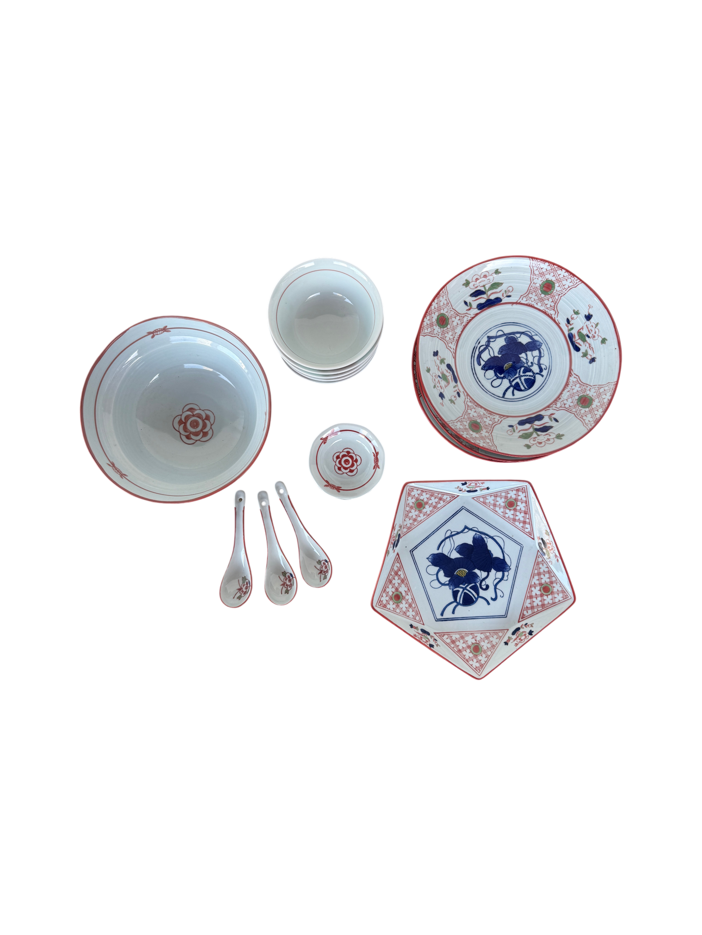 Chinese set of bowls, plates, spoon and sauce dishes