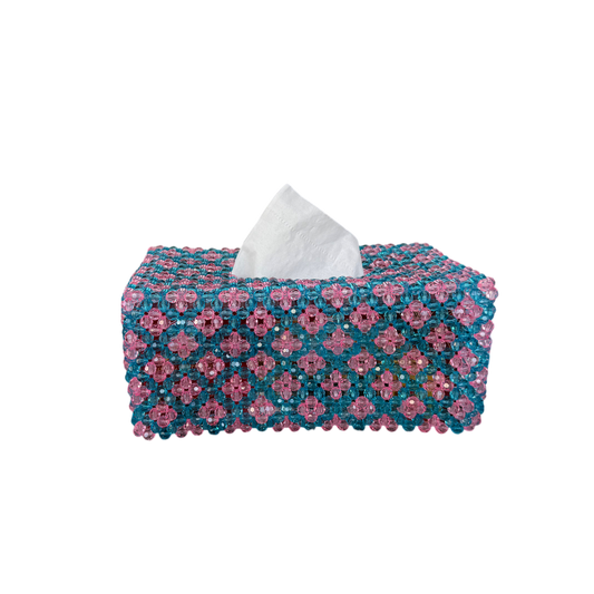 Blue and pink beaded tissue box